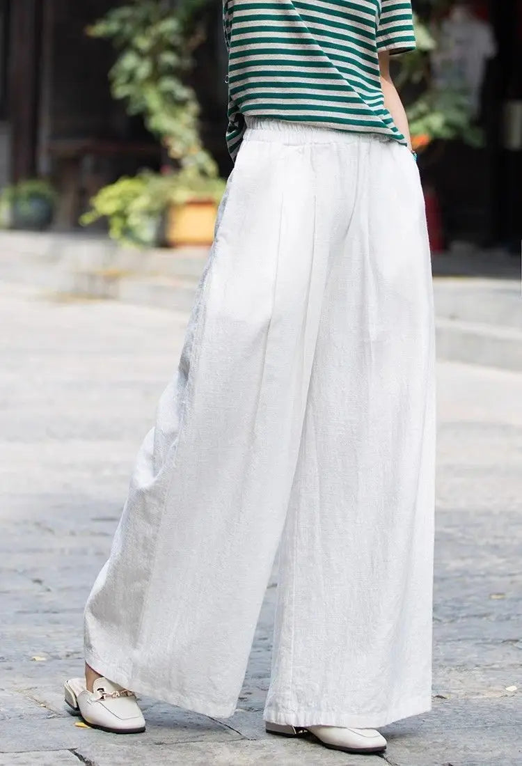 Women's Linen Wide Leg Pants High Waist Loose Fit Casual Trousers with Pockets