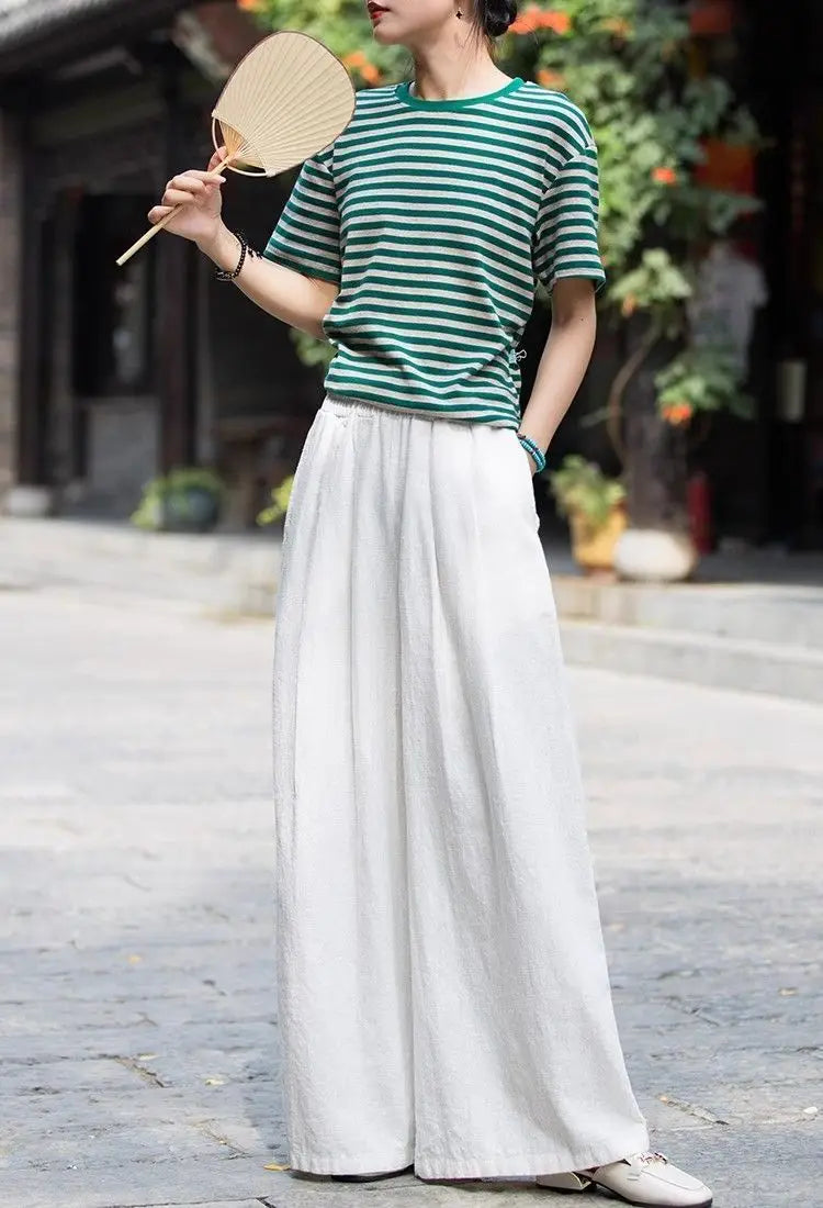 Women's Linen Wide Leg Pants High Waist Loose Fit Casual Trousers with Pockets