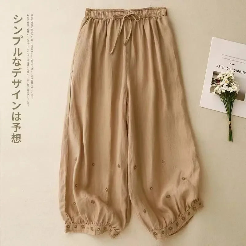 Linen Floral Embroidered Harem Trousers