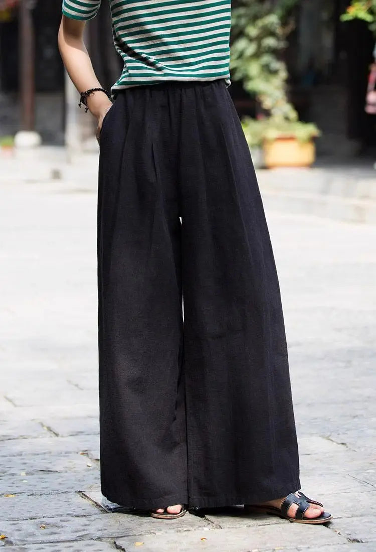 Women's Linen Wide Leg Pants High Waist Loose Fit Casual Trousers with Pockets