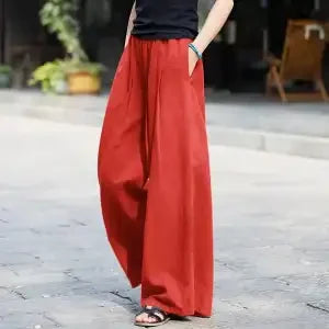 Women's Linen Wide Leg Pants High Waist Loose Fit Casual Trousers with Pockets