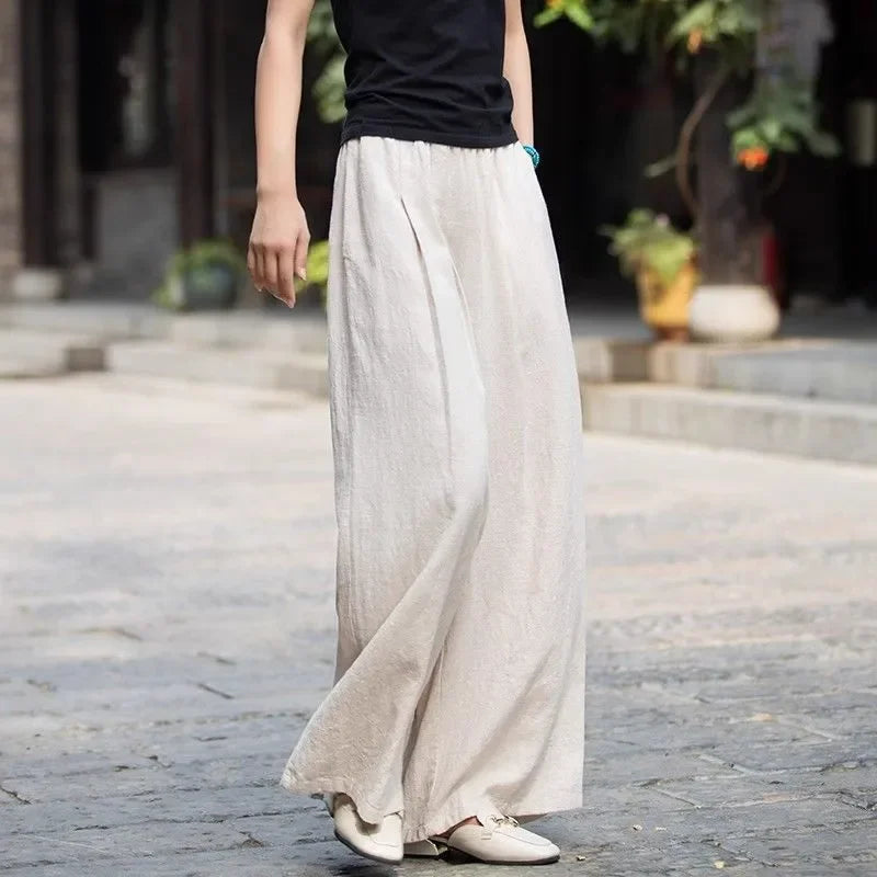 Women's Linen Wide Leg Pants High Waist Loose Fit Casual Trousers with Pockets