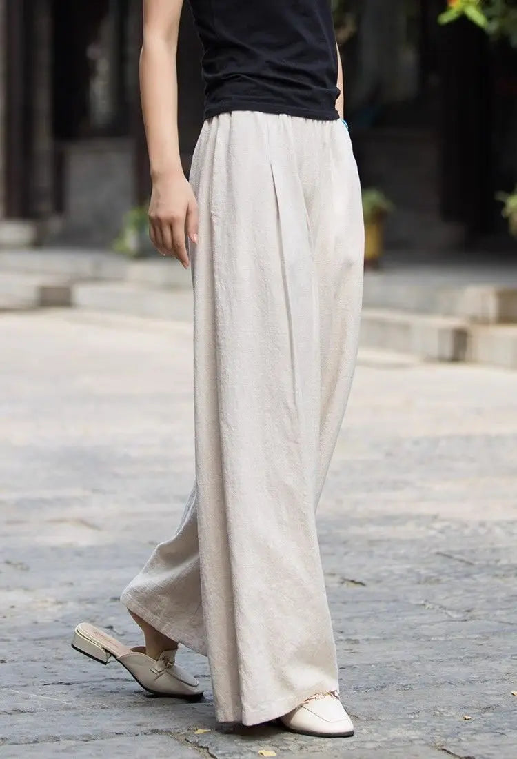 Women's Linen Wide Leg Pants High Waist Loose Fit Casual Trousers with Pockets