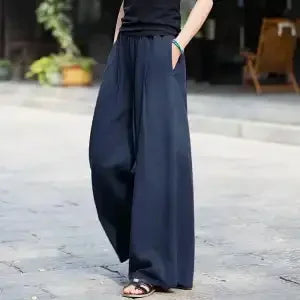 Women's Linen Wide Leg Pants High Waist Loose Fit Casual Trousers with Pockets