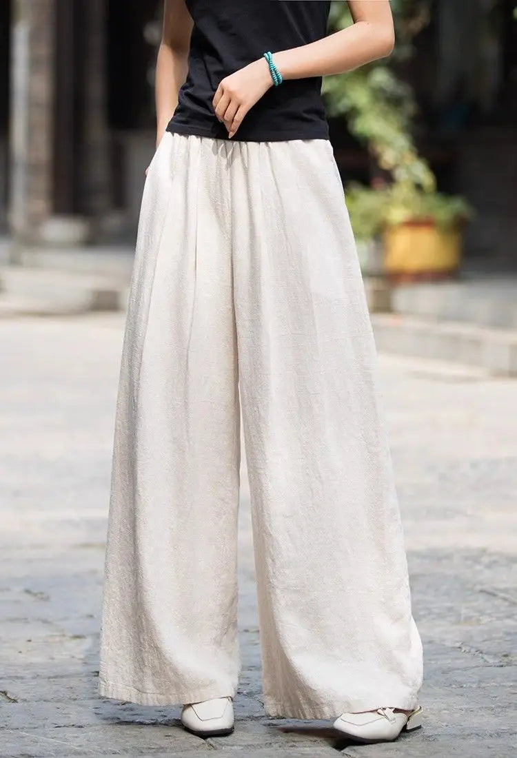 Women's Linen Wide Leg Pants High Waist Loose Fit Casual Trousers with Pockets