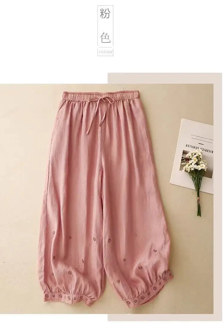 Linen Floral Embroidered Harem Trousers