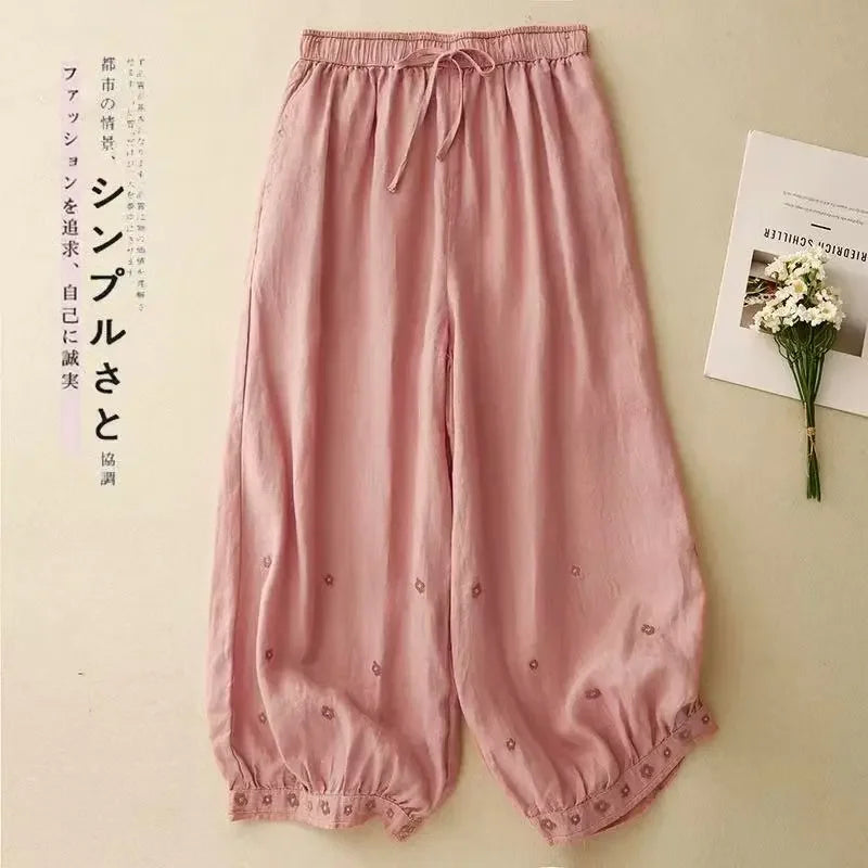 Linen Floral Embroidered Harem Trousers