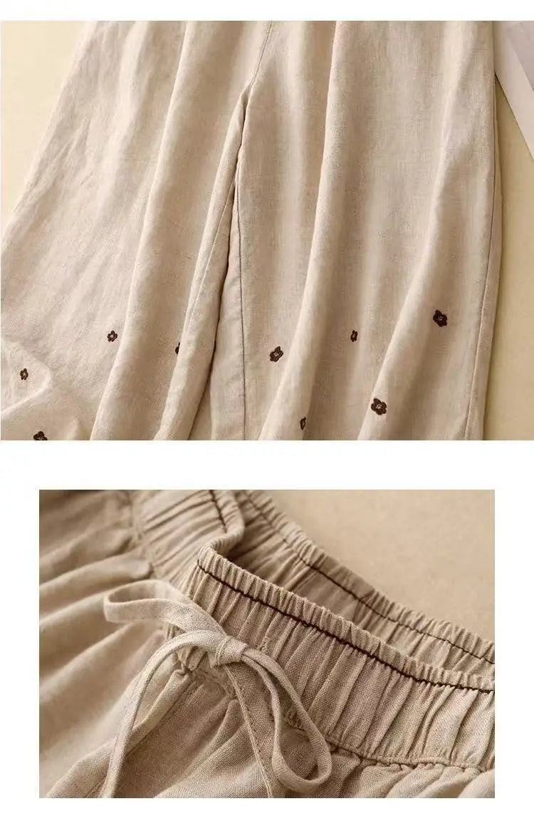 Linen Floral Embroidered Harem Trousers