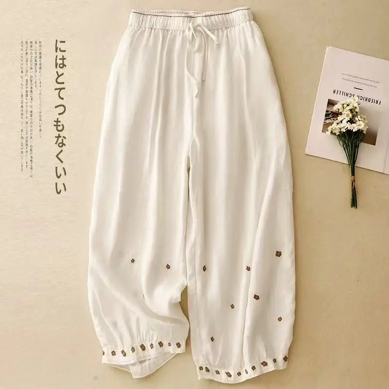 Linen Floral Embroidered Harem Trousers