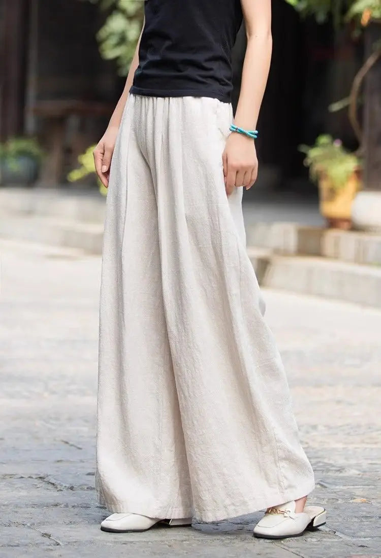 Women's Linen Wide Leg Pants High Waist Loose Fit Casual Trousers with Pockets