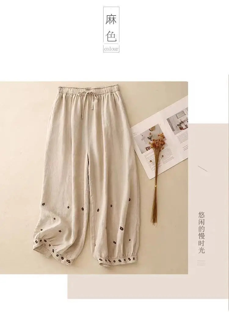 Linen Floral Embroidered Harem Trousers