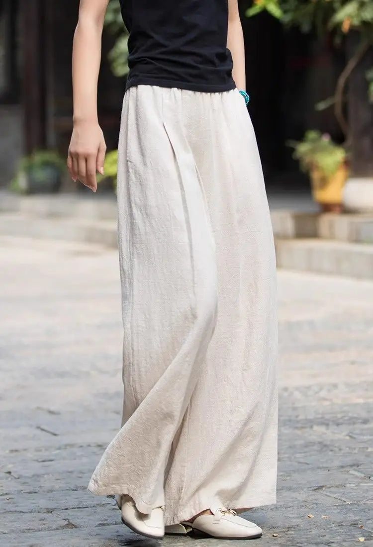 Women's Linen Wide Leg Pants High Waist Loose Fit Casual Trousers with Pockets