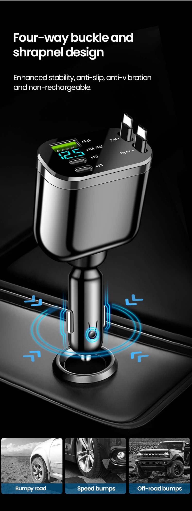 Elough 5 in 1 Retractable Car Charger