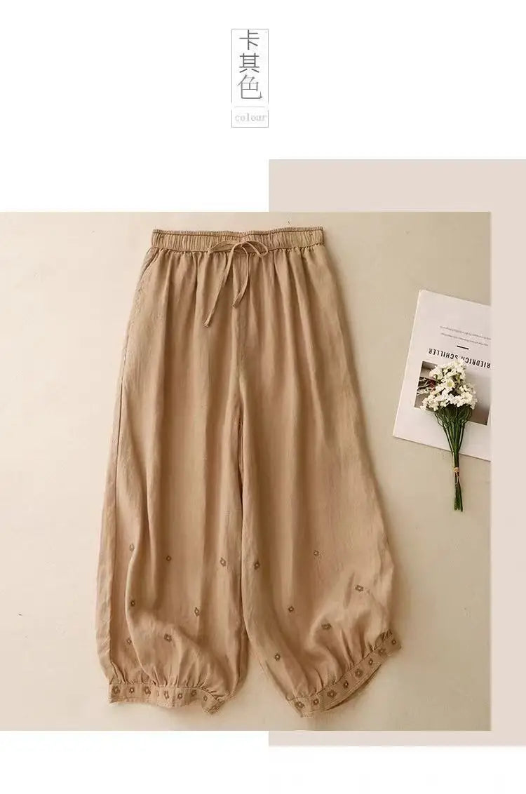 Linen Floral Embroidered Harem Trousers
