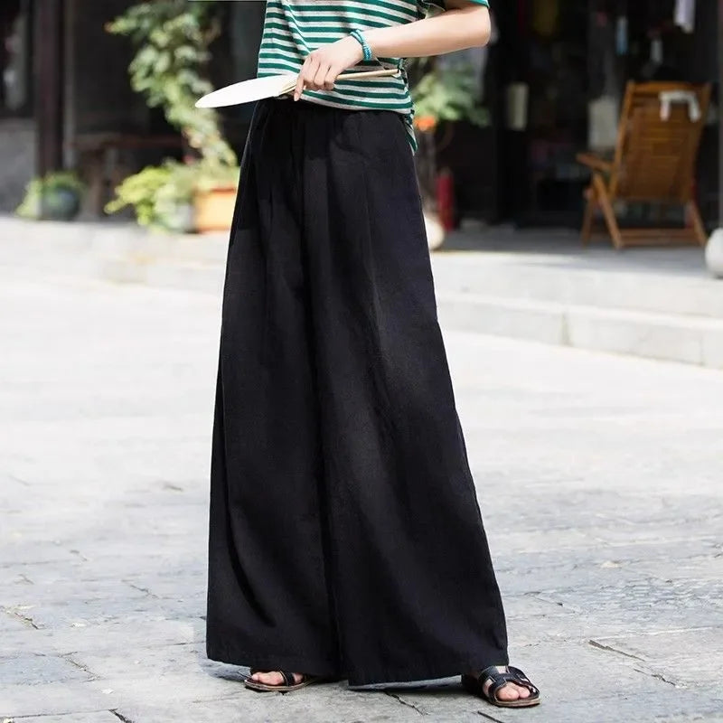 Women's Linen Wide Leg Pants High Waist Loose Fit Casual Trousers with Pockets