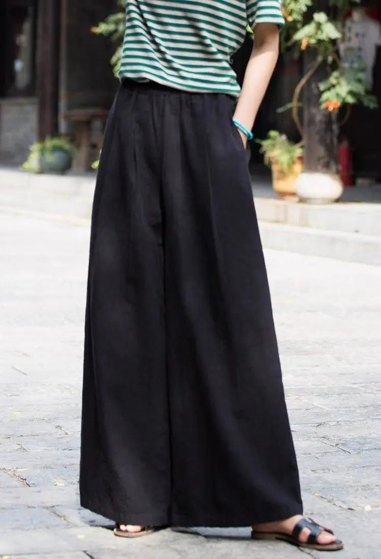 Women's Linen Wide Leg Pants High Waist Loose Fit Casual Trousers with Pockets