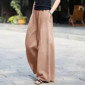 Women's Linen Wide Leg Pants High Waist Loose Fit Casual Trousers with Pockets