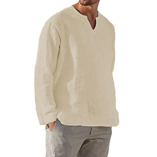 Casual Linen-Blend Solid Color Long Sleeve Shirt