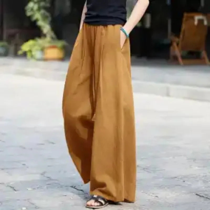 Women's Linen Wide Leg Pants High Waist Loose Fit Casual Trousers with Pockets