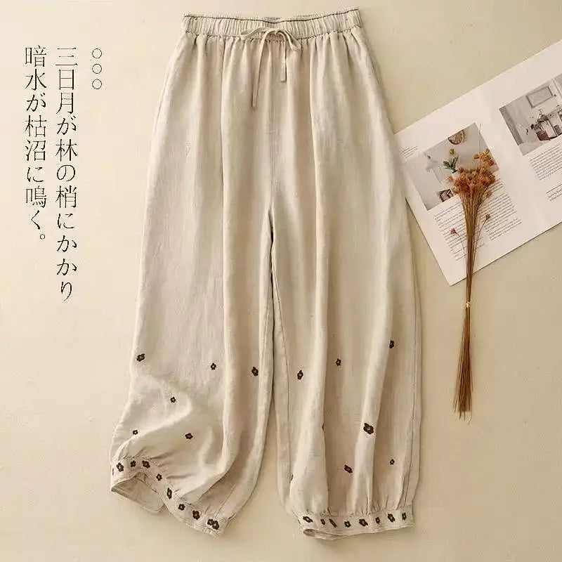 Linen Floral Embroidered Harem Trousers