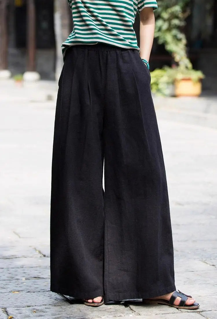 Women's Linen Wide Leg Pants High Waist Loose Fit Casual Trousers with Pockets