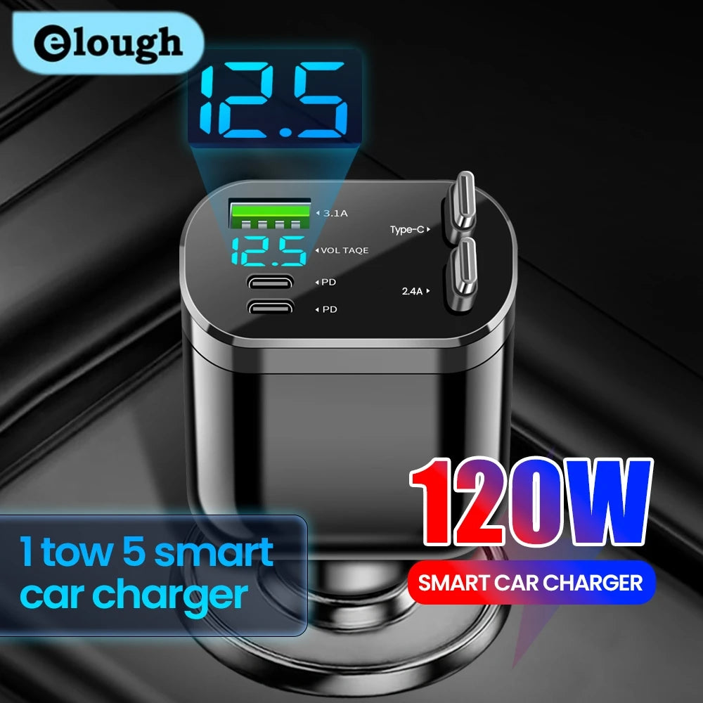 Elough 5 in 1 Retractable Car Charger