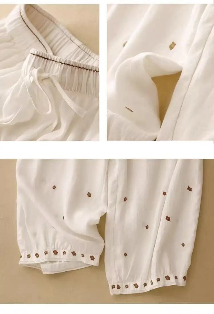 Linen Floral Embroidered Harem Trousers