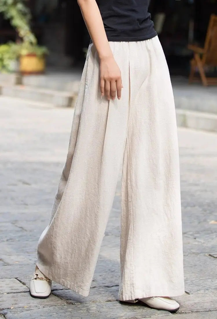 Women's Linen Wide Leg Pants High Waist Loose Fit Casual Trousers with Pockets