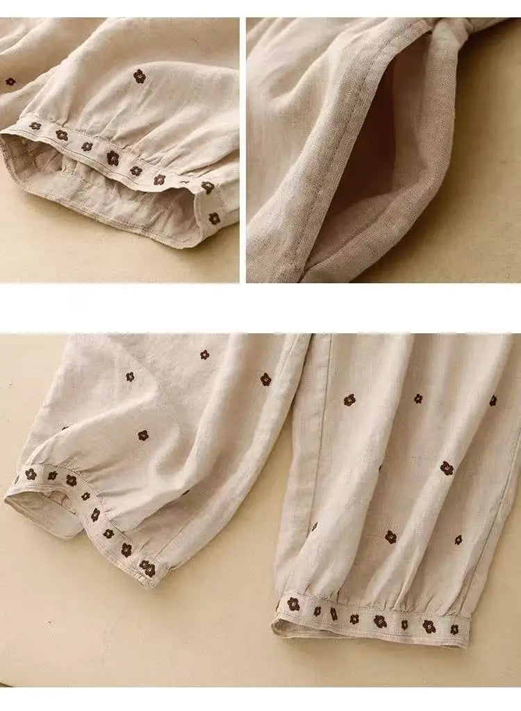 Linen Floral Embroidered Harem Trousers