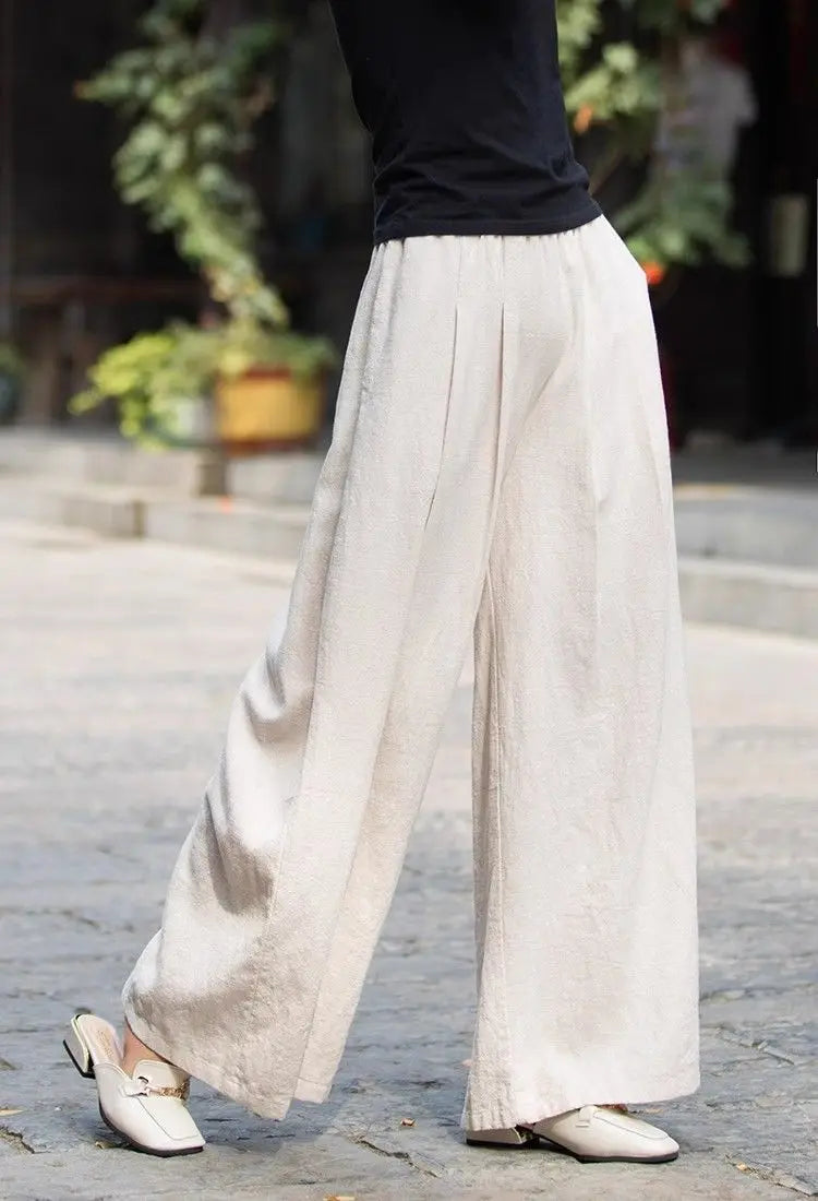 Women's Linen Wide Leg Pants High Waist Loose Fit Casual Trousers with Pockets