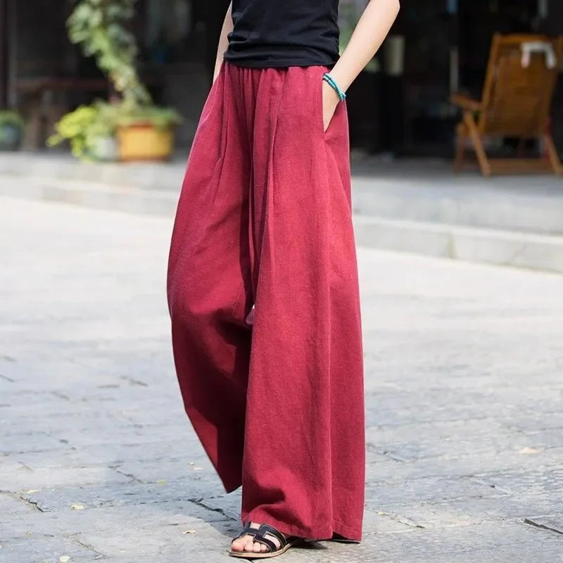 Women's Linen Wide Leg Pants High Waist Loose Fit Casual Trousers with Pockets
