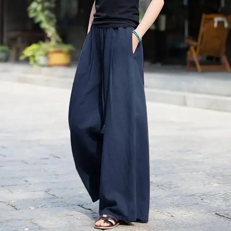 Women's Linen Wide Leg Pants High Waist Loose Fit Casual Trousers with Pockets