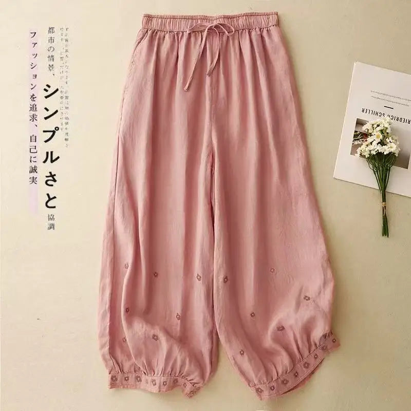 Linen Floral Embroidered Harem Trousers