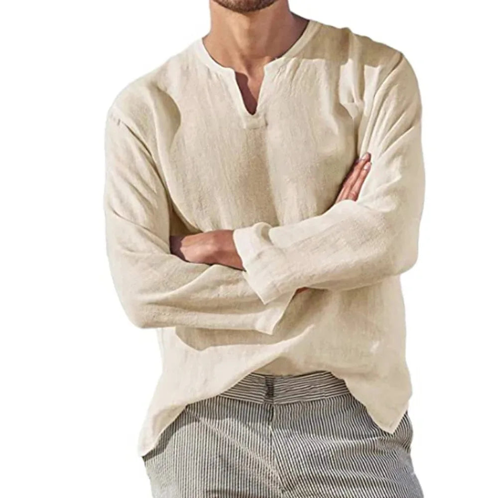 Men's Cotton Linen Shirt Cozy Solid Color Long Sleeve Breathable Tops V Neck Casual Blouse Hawaiian Shirt Lightweight Shirts