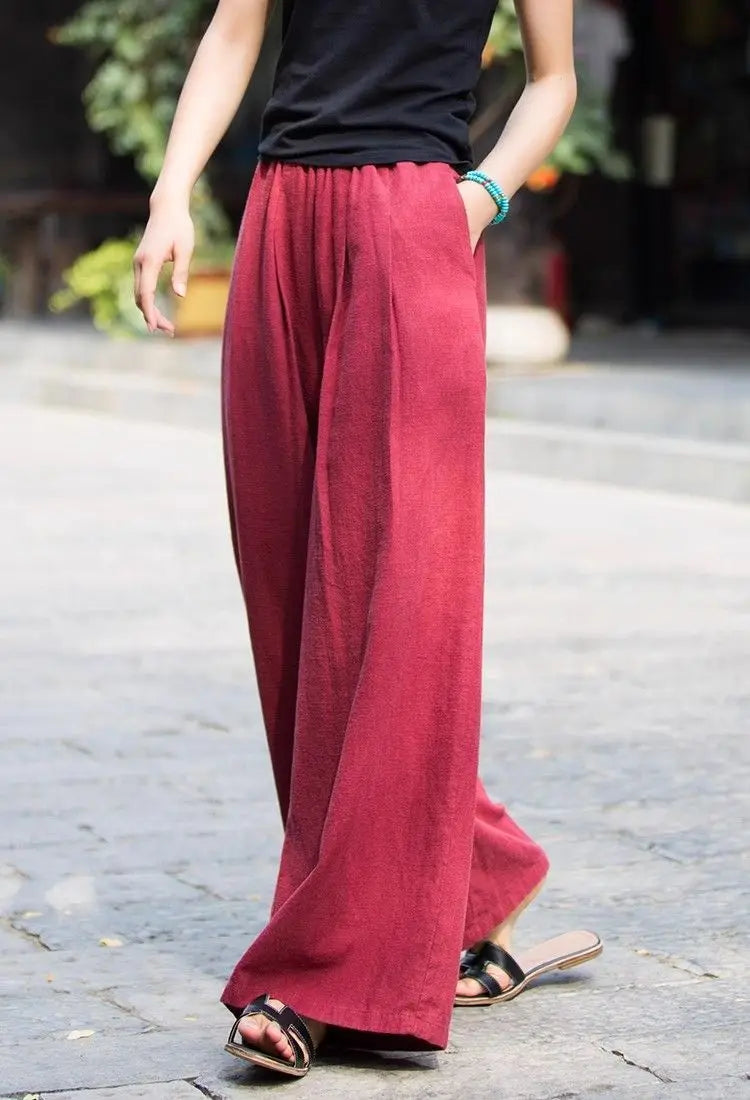 Women's Linen Wide Leg Pants High Waist Loose Fit Casual Trousers with Pockets