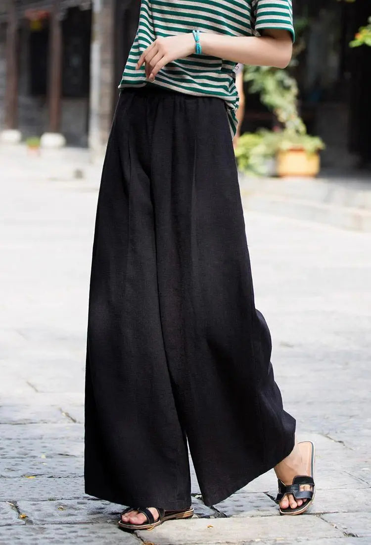 Women's Linen Wide Leg Pants High Waist Loose Fit Casual Trousers with Pockets